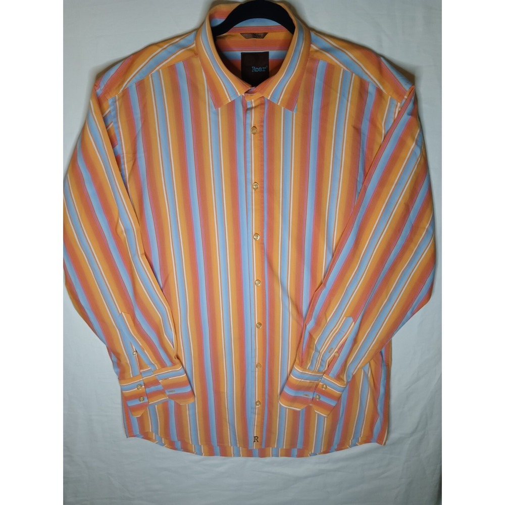 Roar Button Up Shirt Mens L Orange Blue Striped Long Sleeve Vibrant Colors